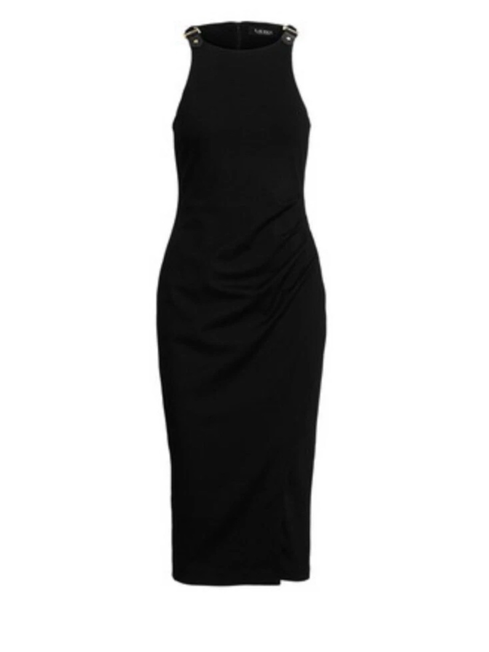Ralph Lauren Black Midi Dress with Gold Buckle Straps